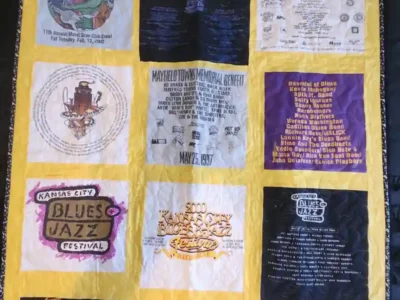 quilt made of vintage KC Blues Society tee shirts