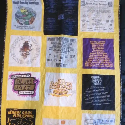 quilt made of vintage KC Blues Society tee shirts