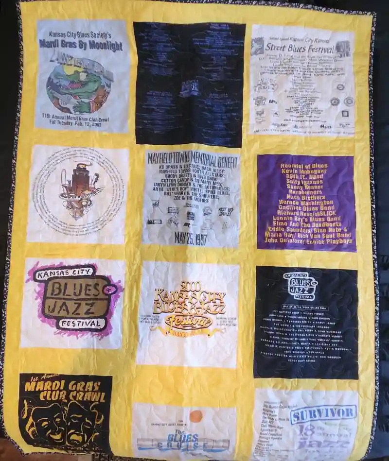 quilt made of vintage KC Blues Society tee shirts