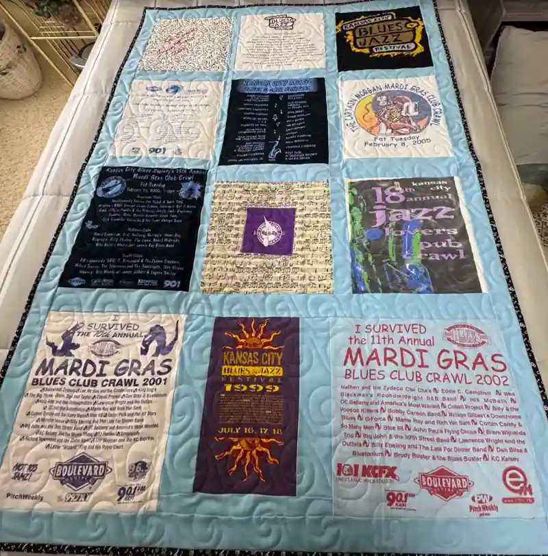 quilt made of vintage KC Blues Society tee shirts